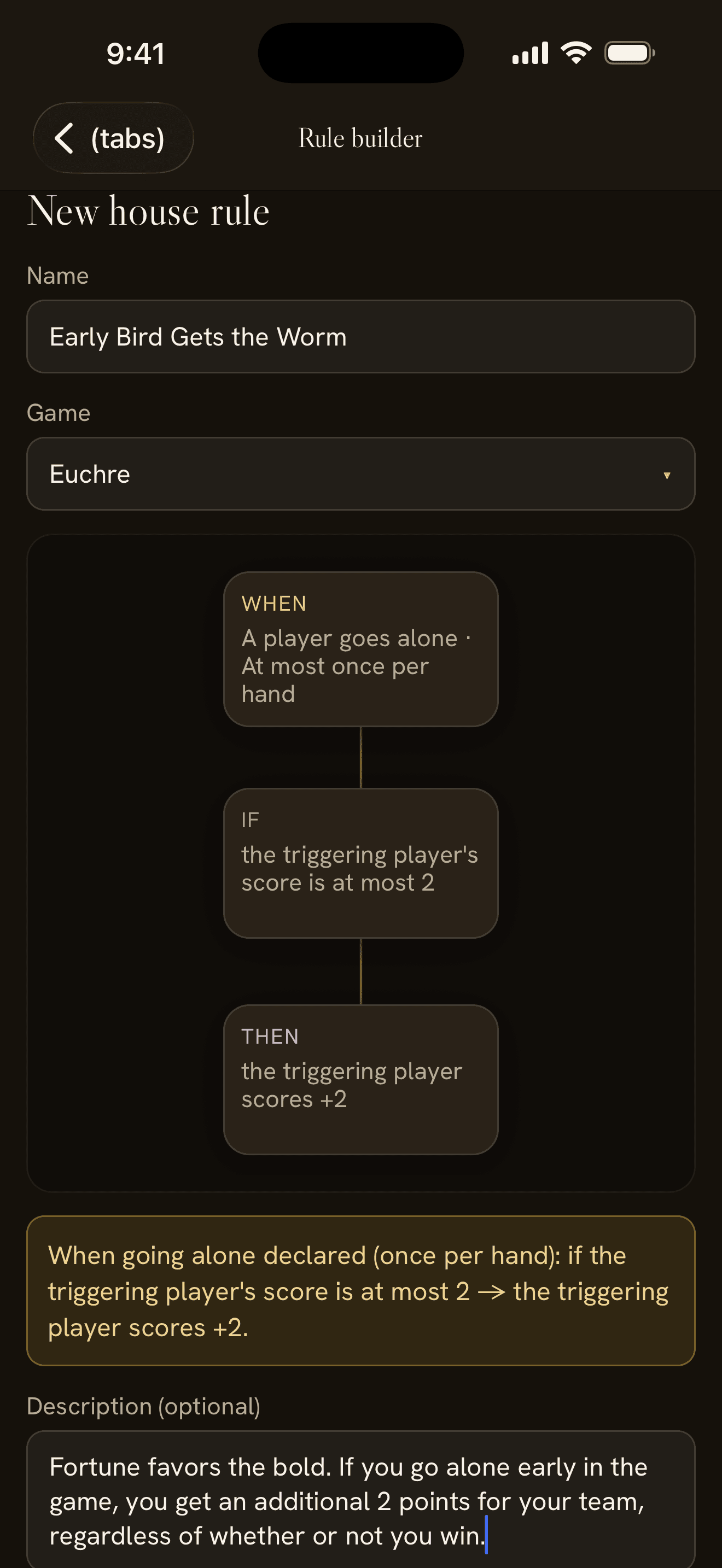 The rule builder, with its plain-English preview