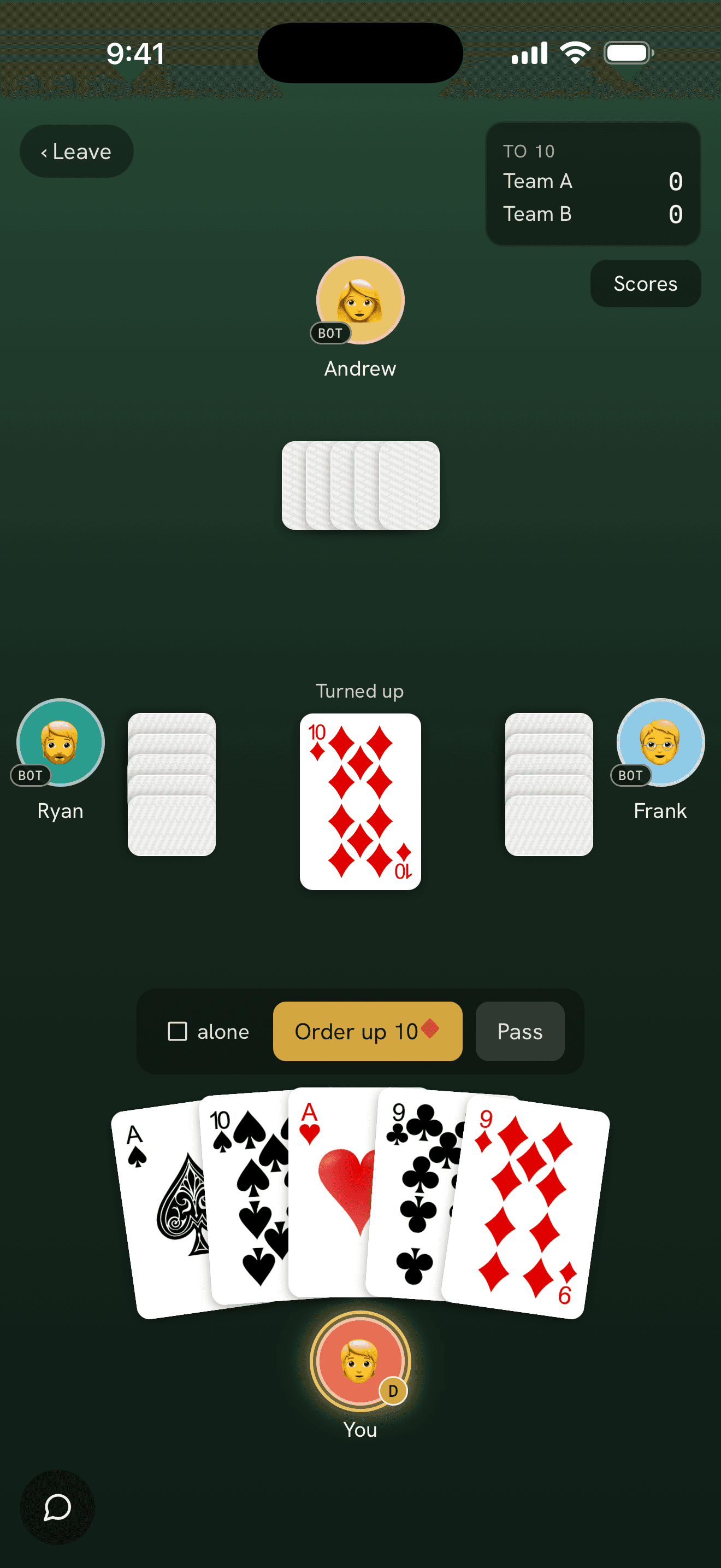 A four-seat table mid-hand